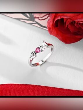 Sterling Silver Teddy Bear Ring with Pink Heart Stone